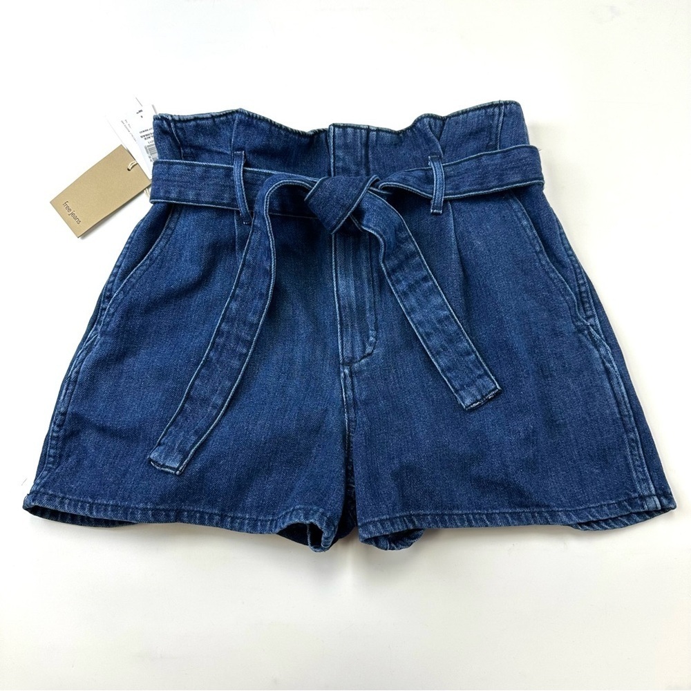 High-Rise Paperbag Denim Shorts with Tie Belt - Blue